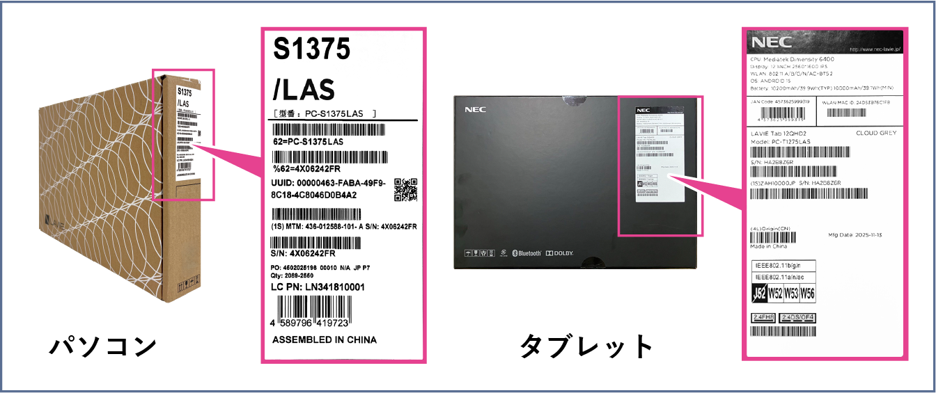 商品外箱の型番・JANコードが印字された部分を撮影した写真またはPDF化したもの